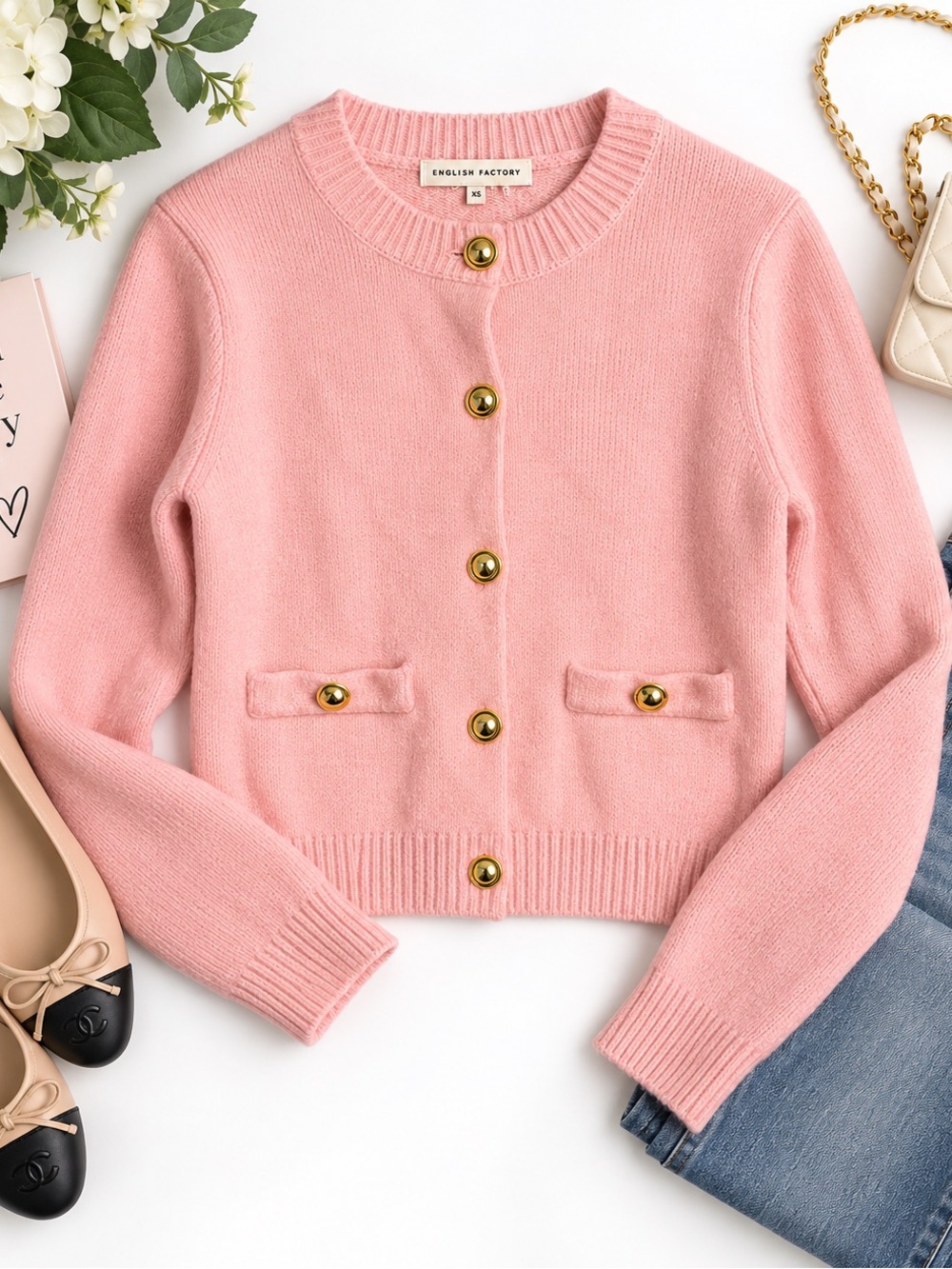 English Factory Pink Gold Button Cardigan — XS